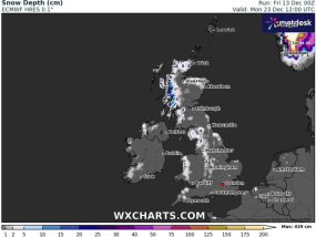 英国圣诞降雪地图显示，“极地涡旋”将在12月25日前降雪量达到16厘米