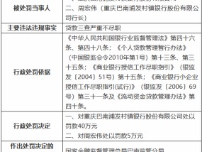 重庆巴南浦发村镇银行因贷款三查严重不尽职被罚40万元