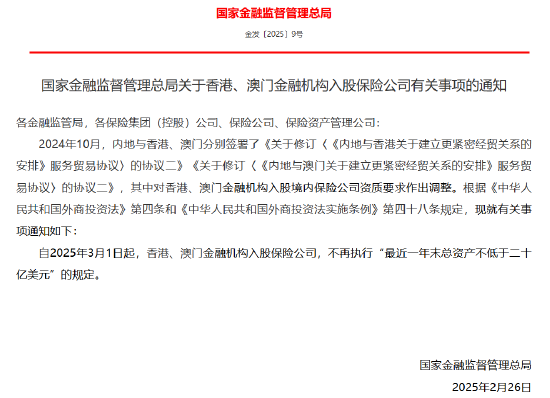 金融监管总局：香港、澳门金融机构入股保险公司 不再执行“最近一年末总资产不低于二十亿美元”的规定